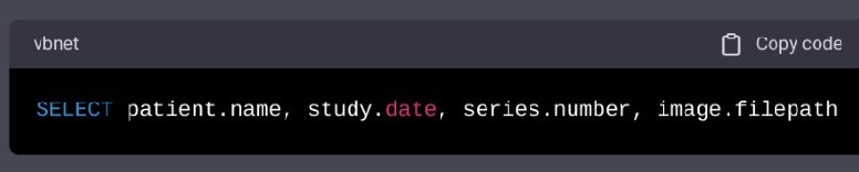 a. Code to retrieve - patient's name, the date of the study, the number of the imaging series, and the filepath of the image